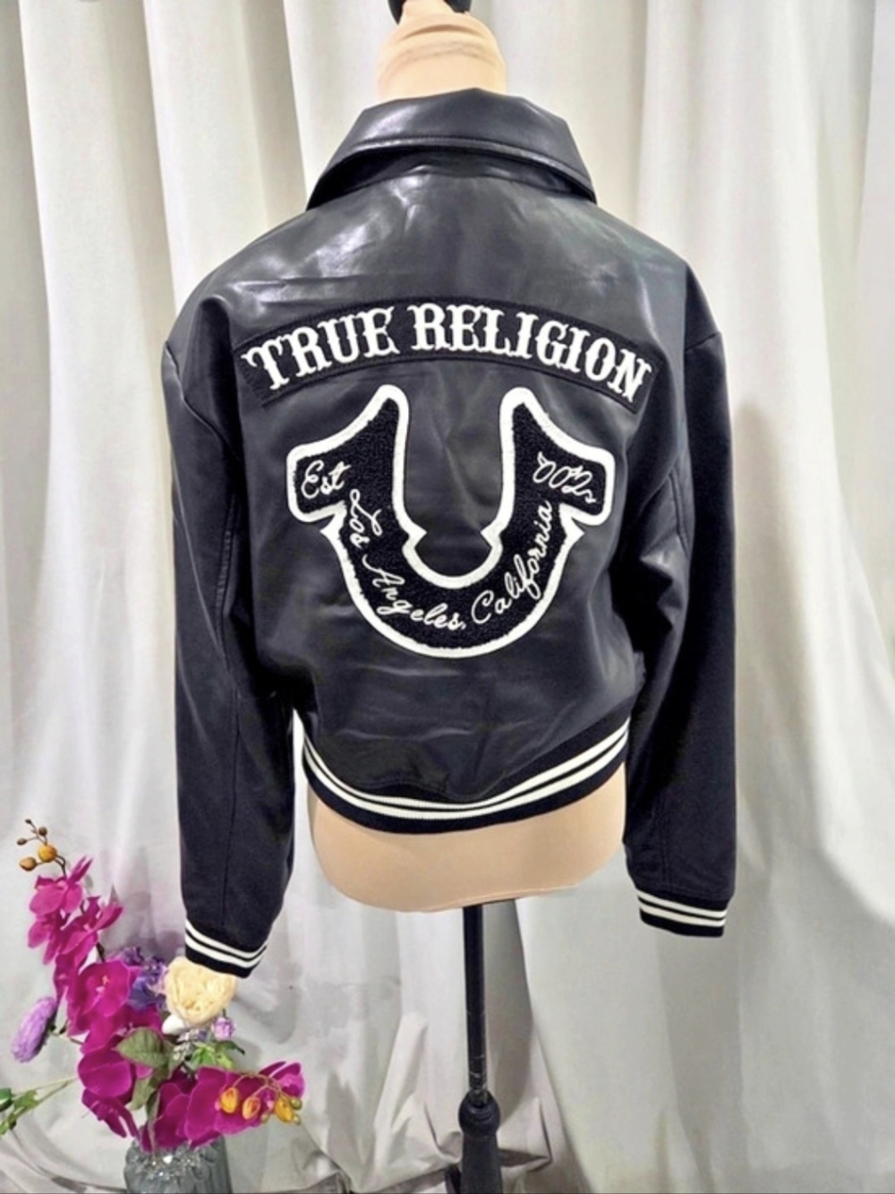 True Religion Moto PU Bomber Jacket Moto Jacket in Black Size Large NWT